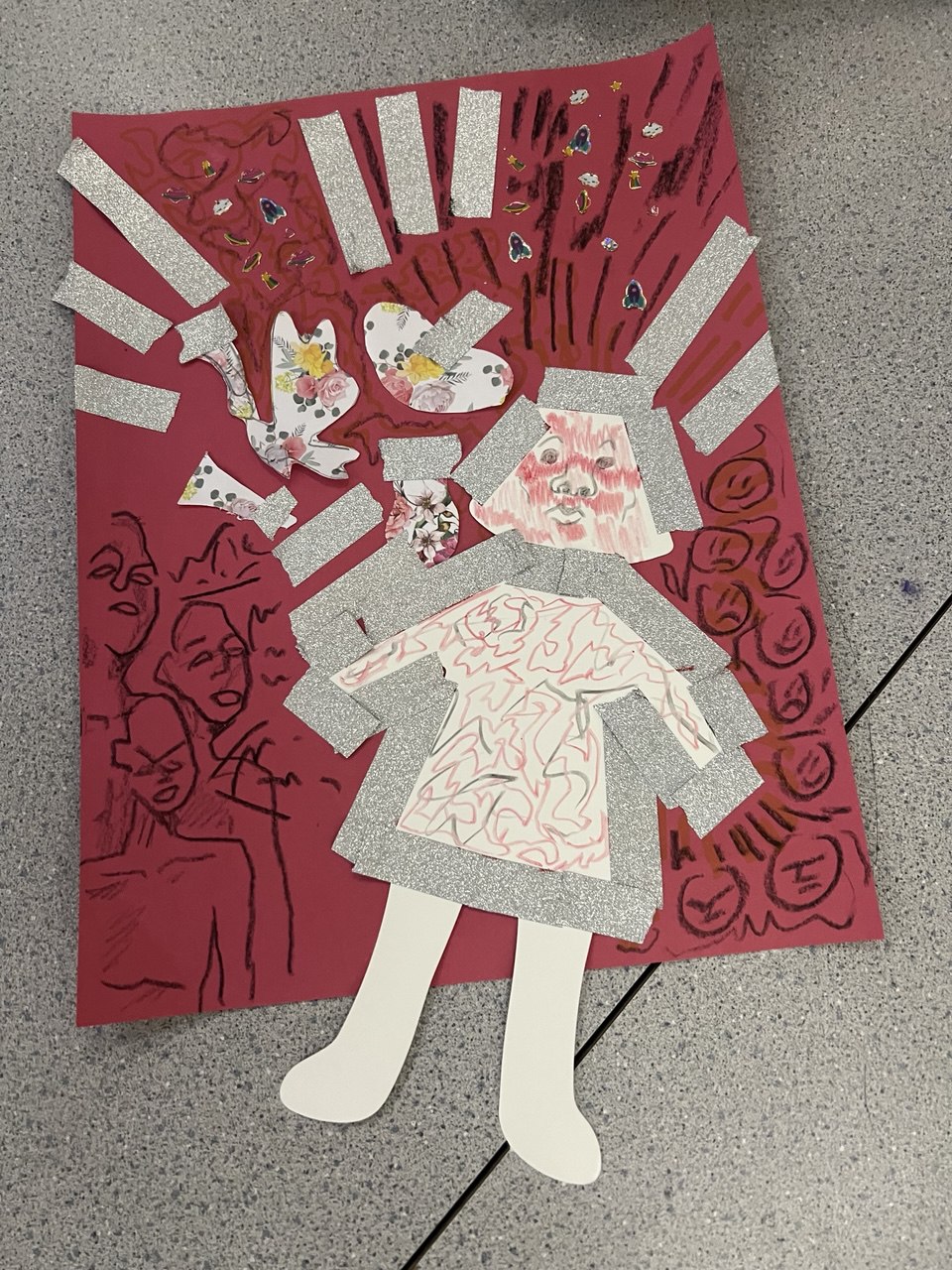 A mixed-media collage of a figure made from patterned paper