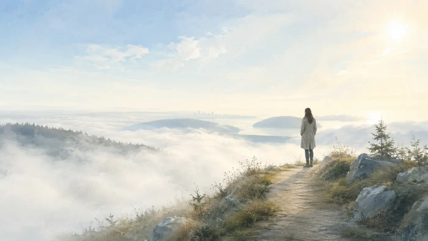 A woman stands on a mountain path looking out over a fog-covered landscape