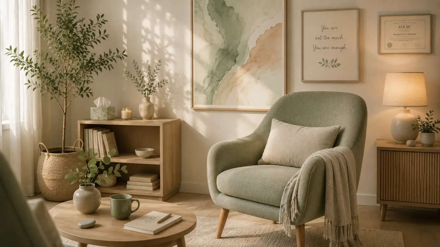 A calm, sunlit therapy room with a sage-green armchair, plants, and warm neutral tones